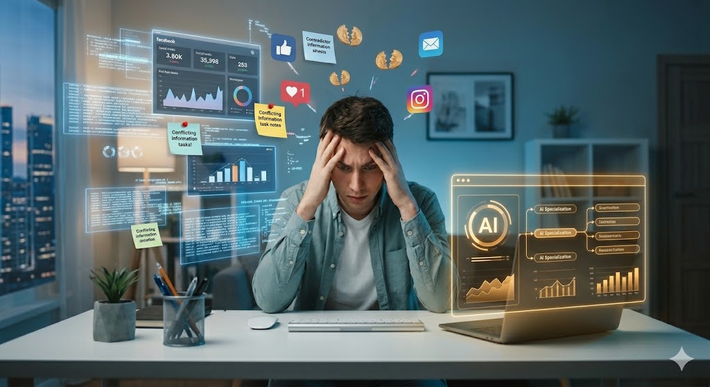 Überforderter Freelancer im Chaos aus Aufgaben